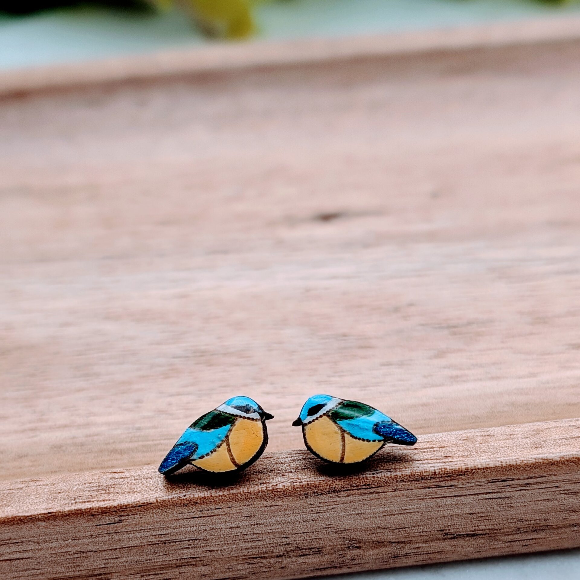 Blue Tit Earrings Wooden Bird Studs Blue Tit Earrings Wooden Bird Studs