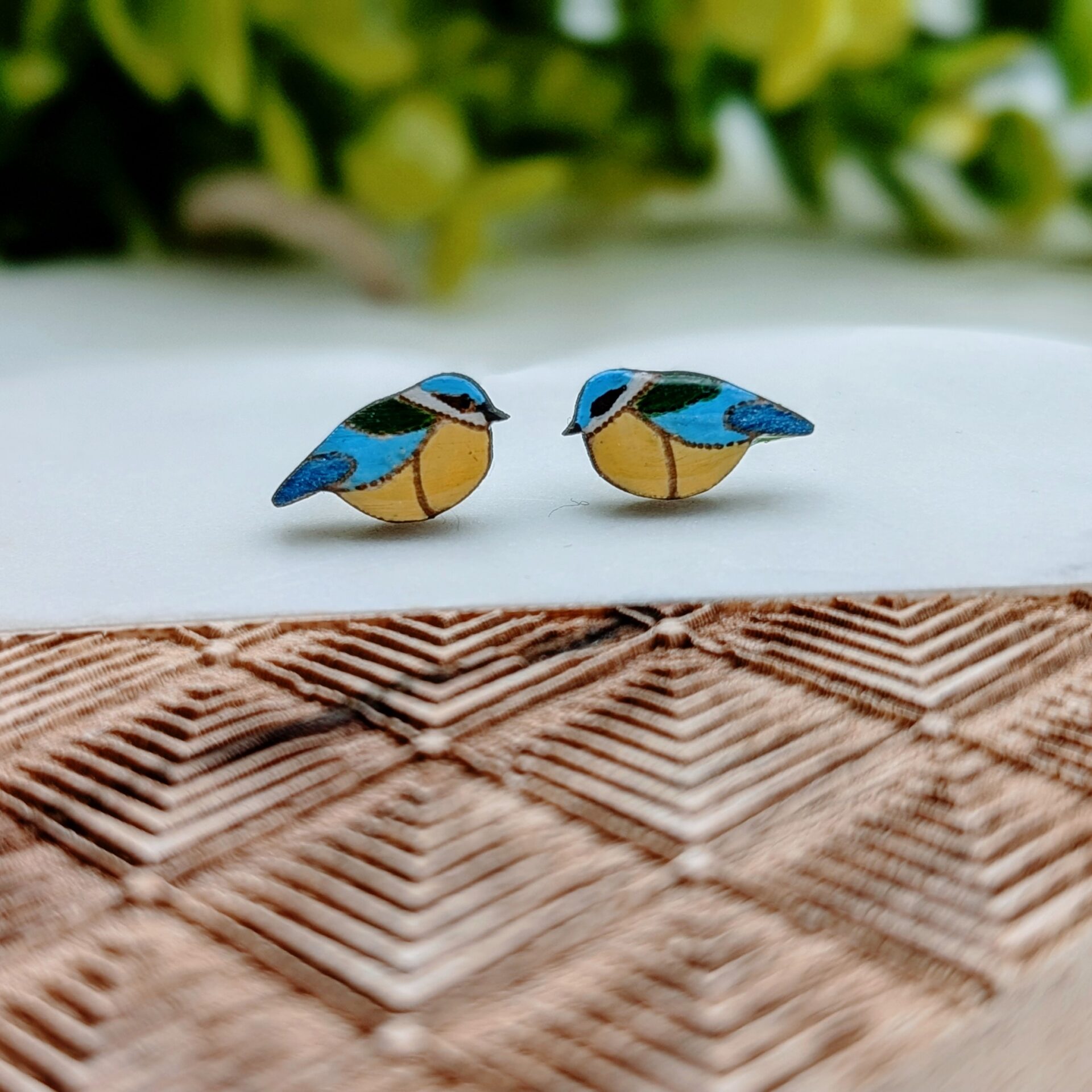 Blue Tit Earrings Wooden Bird Studs Blue Tit Earrings Wooden Bird Studs