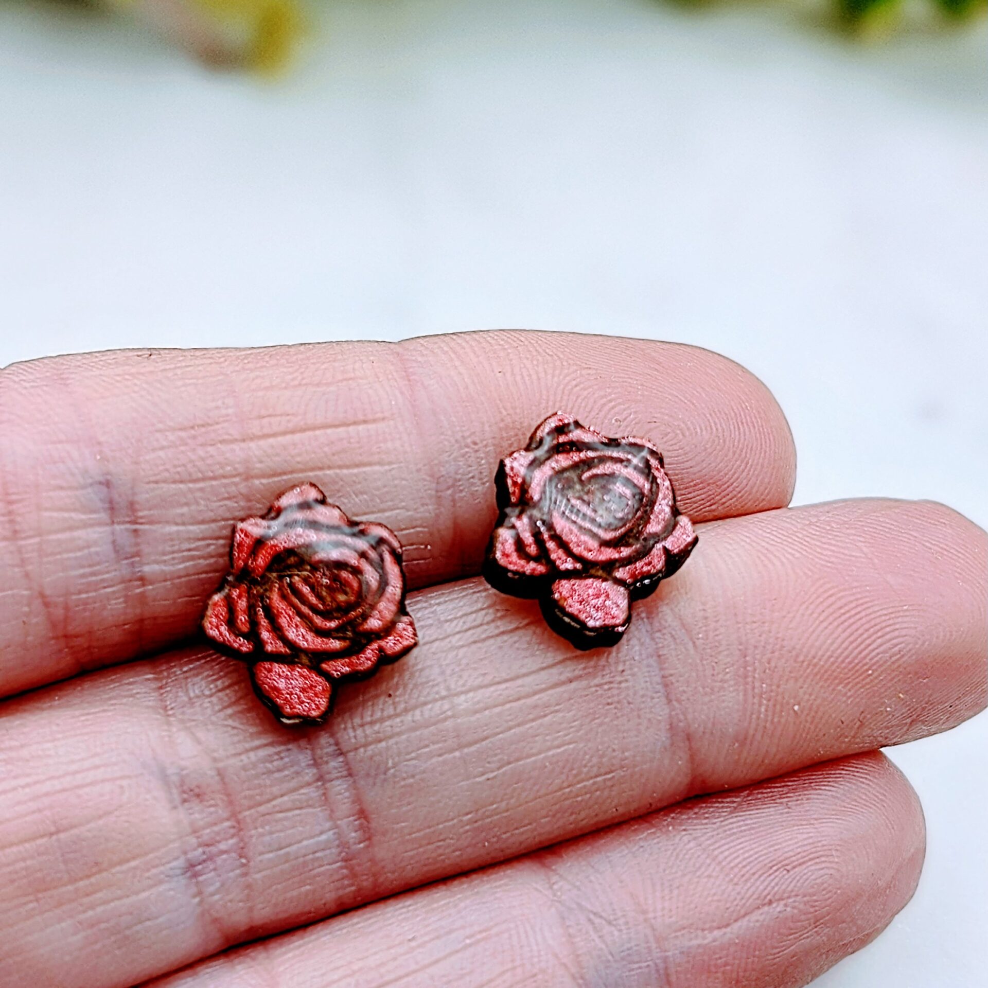 Cute Red Rose Earrings Wooden Studs Cute Red Rose Earrings Wooden Studs