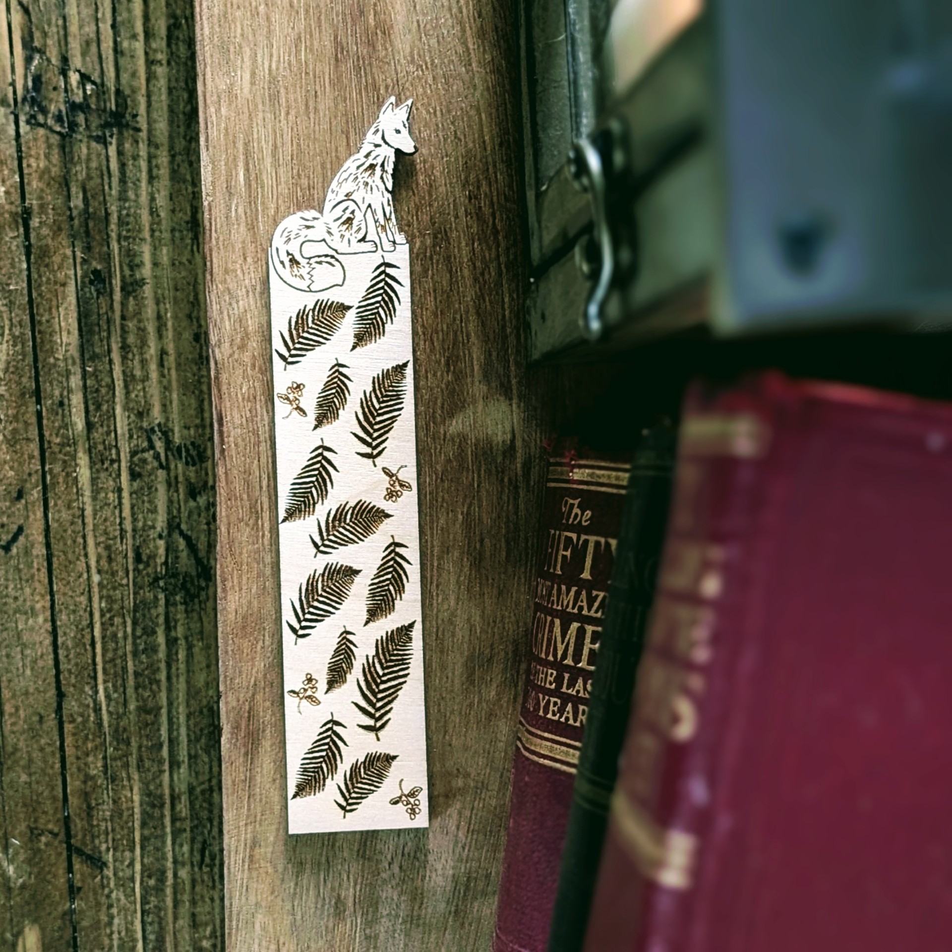 Wooden Fox Engraved Bookmark With Ferns Wooden Fox Engraved Bookmark With Ferns