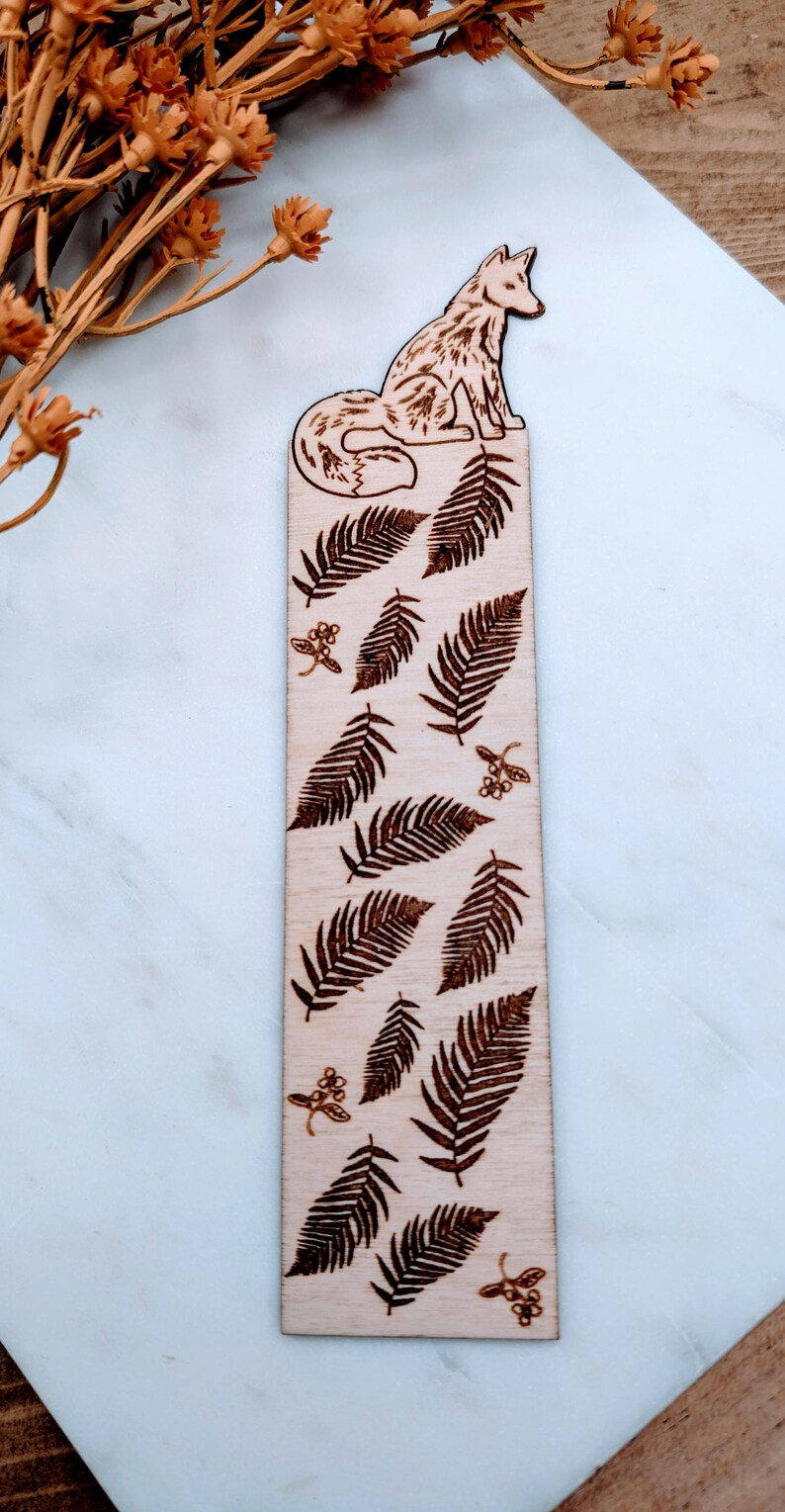 Wooden Fox Engraved Bookmark With Ferns Wooden Fox Engraved Bookmark With Ferns