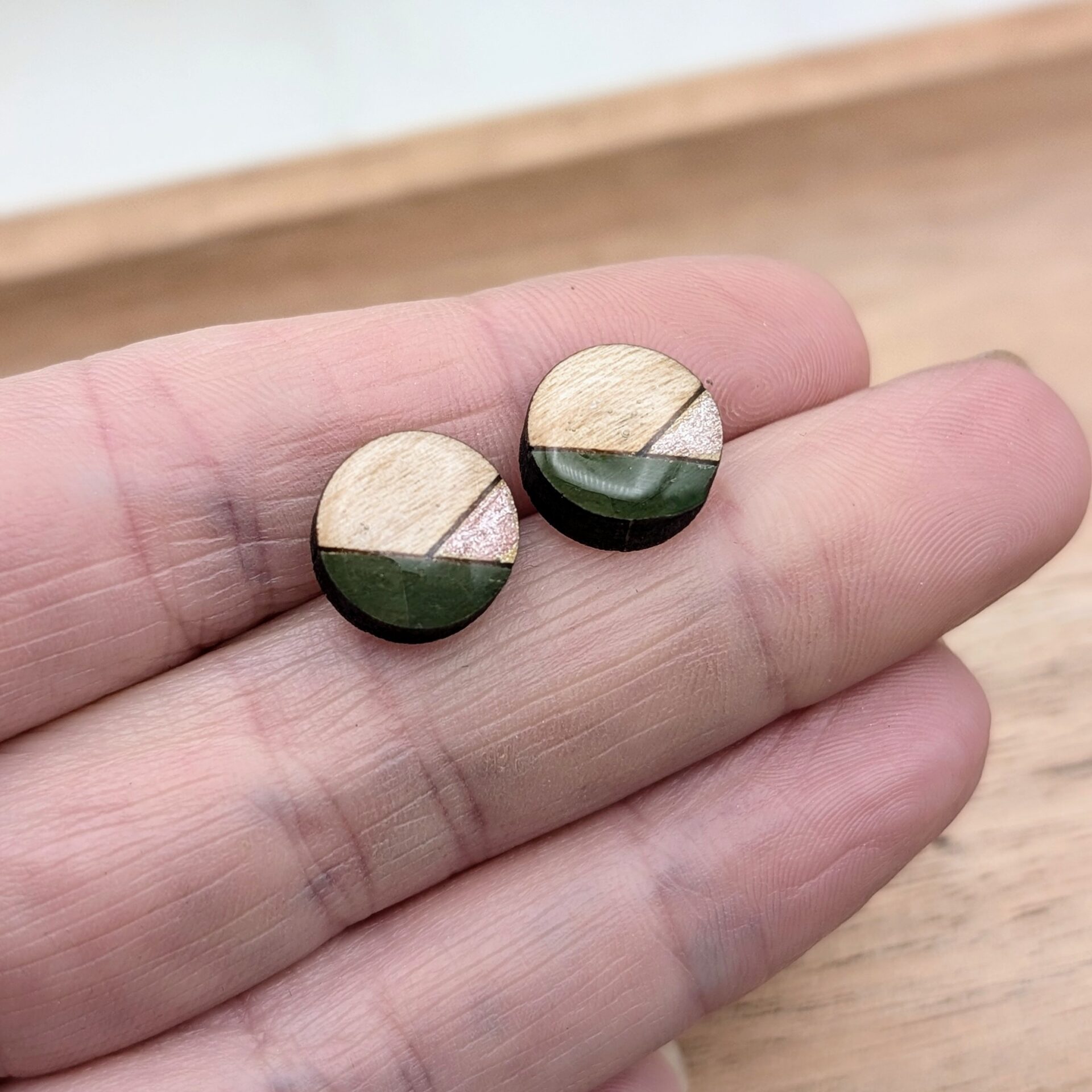 Green/Golden Triangle Geometric Wooden Stud Earrings Green/Golden Triangle Geometric Wooden Stud Earrings