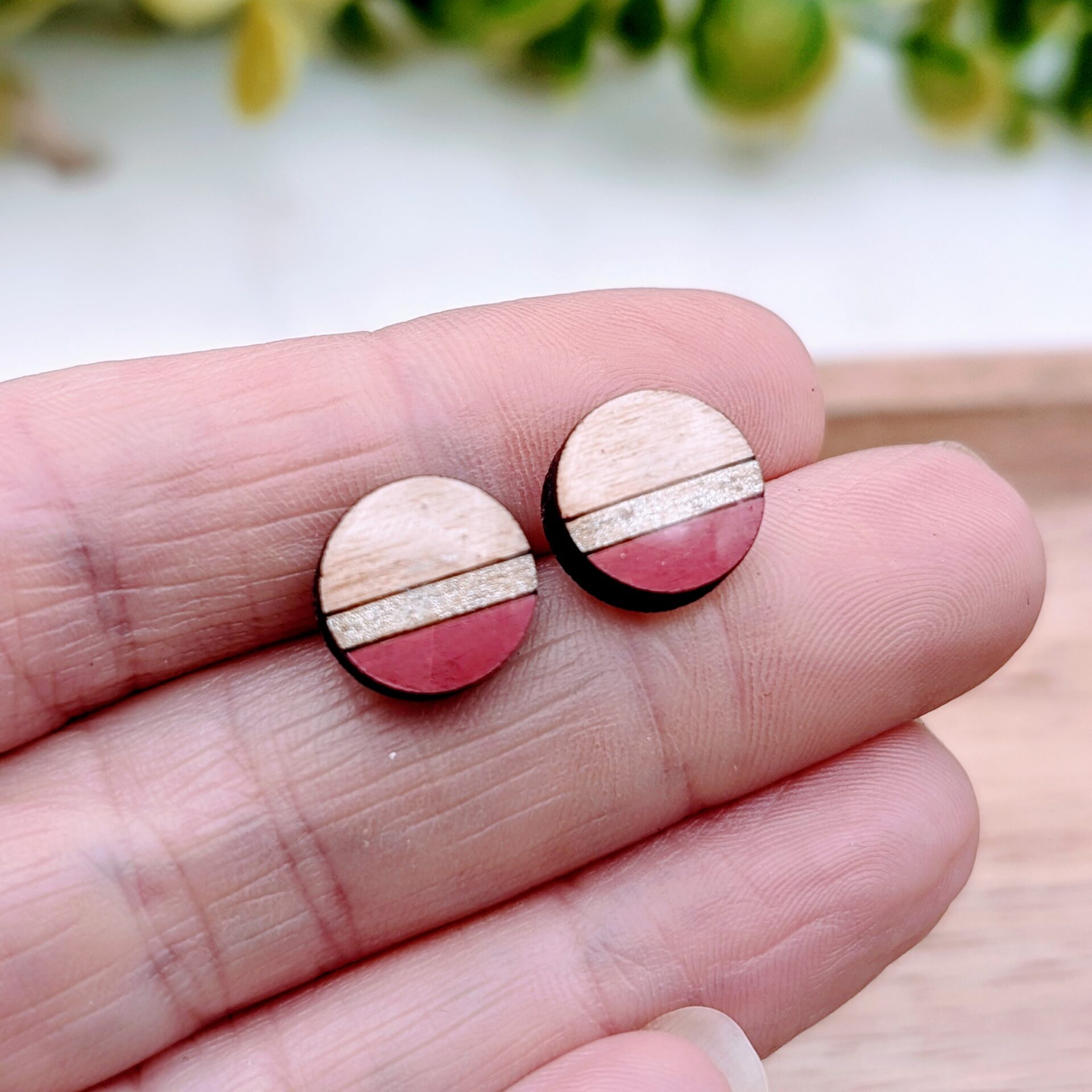 Stripped Rose/Golden Geometric Wooden Stud Earrings Stripped Rose/Golden Geometric Wooden Stud Earrings